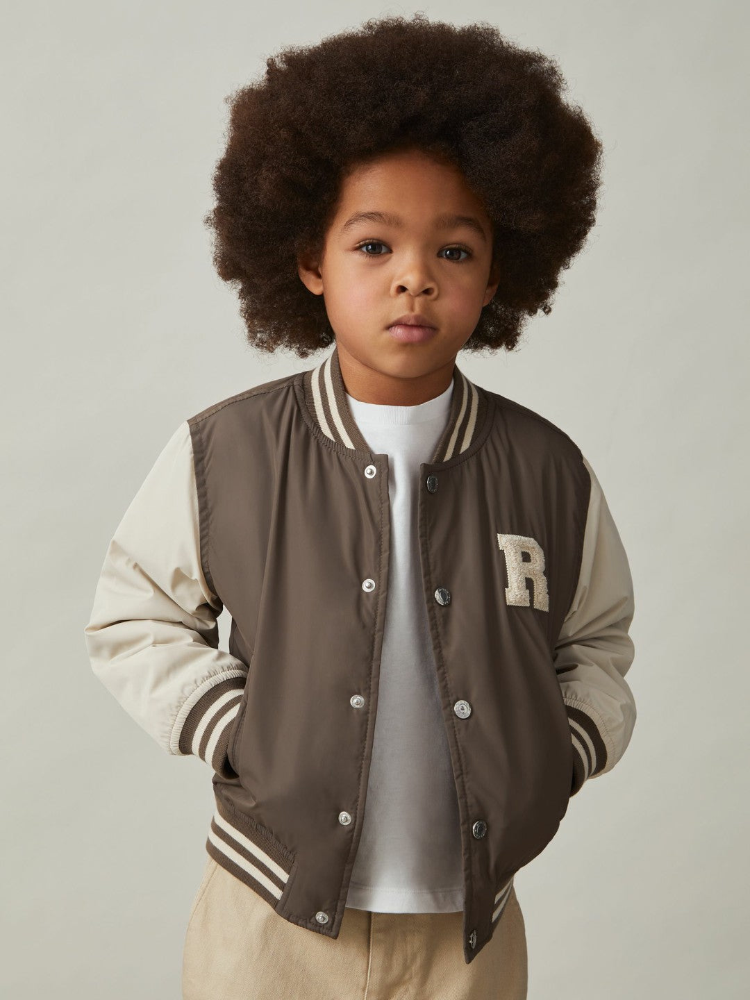 9-13 yrs Colour-Block Varsity Bomber Jacket in Mink Brown/Off White | Reiss Children & Baby Signature