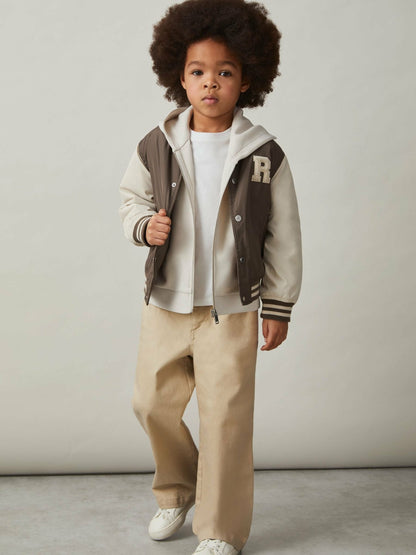 13-14 yrs Colour-Block Varsity Bomber Jacket in Mink Brown/Off White | Reiss Children & Baby Exclusive