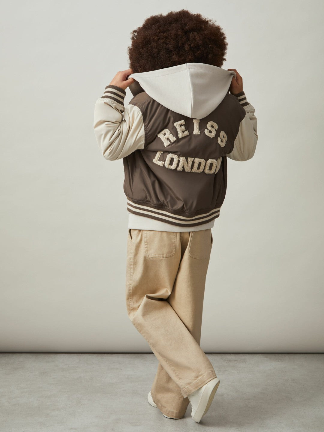 13-14 yrs Colour-Block Varsity Bomber Jacket in Mink Brown/Off White | Reiss Children & Baby Exclusive