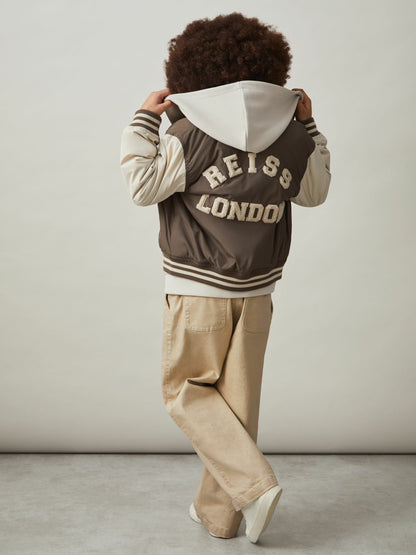 13-14 yrs Colour-Block Varsity Bomber Jacket in Mink Brown/Off White | Reiss Children & Baby Exclusive