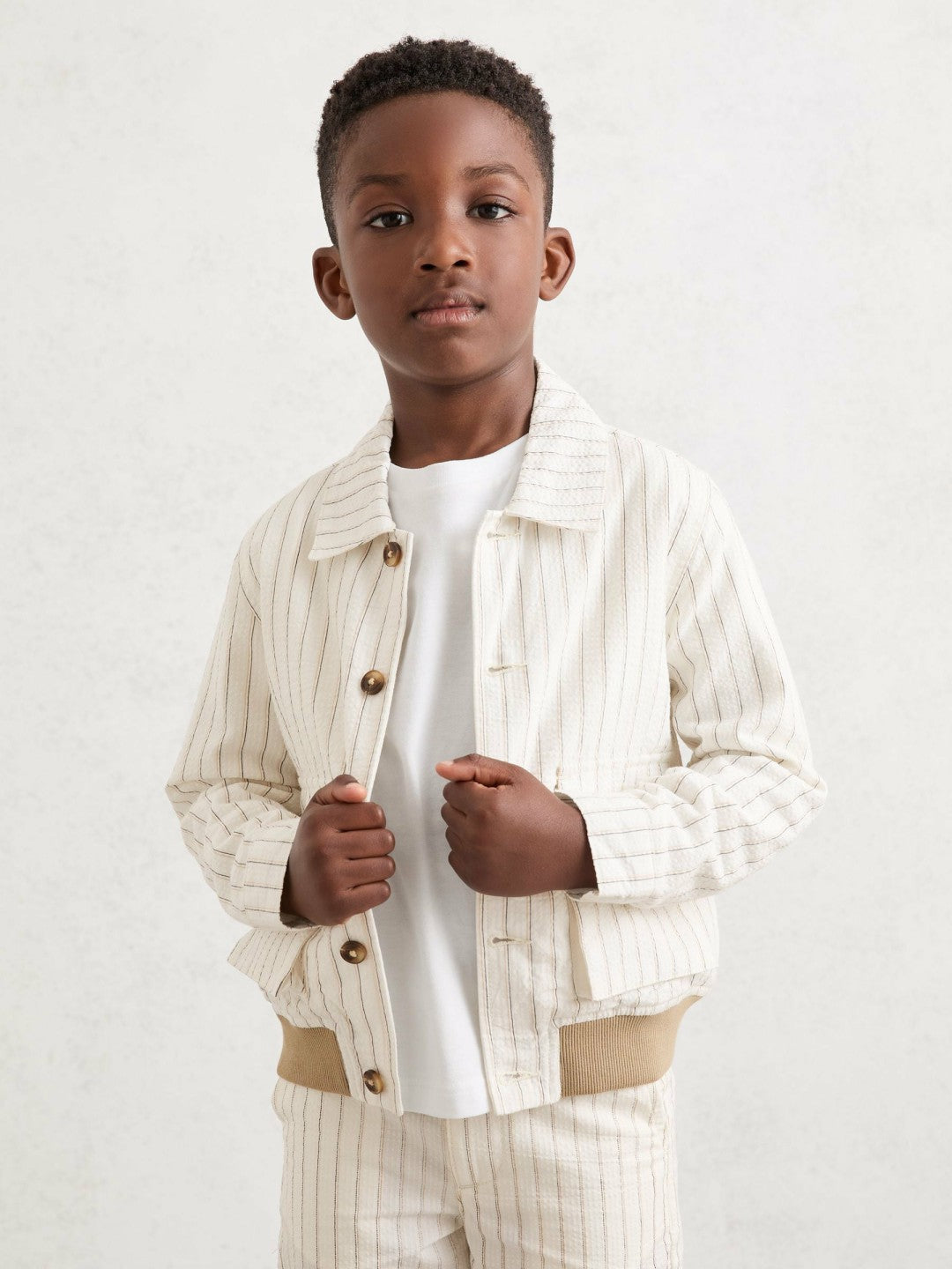 3-9 yrs Cotton Pinstripe Harrington Jacket in Off White/Taupe Brown | Reiss Children & Baby Trending