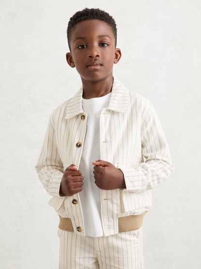 3-9 yrs Cotton Pinstripe Harrington Jacket in Off White/Taupe Brown | Reiss Children & Baby Trending