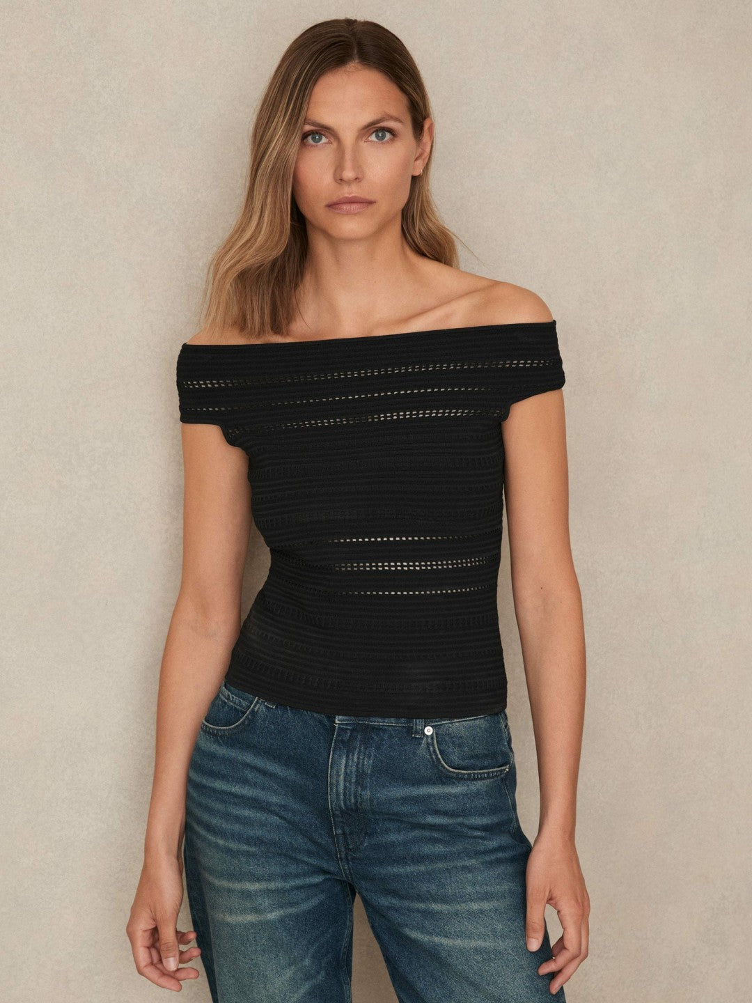 Bardot Open Knit Top in Black | Reiss Women Featured