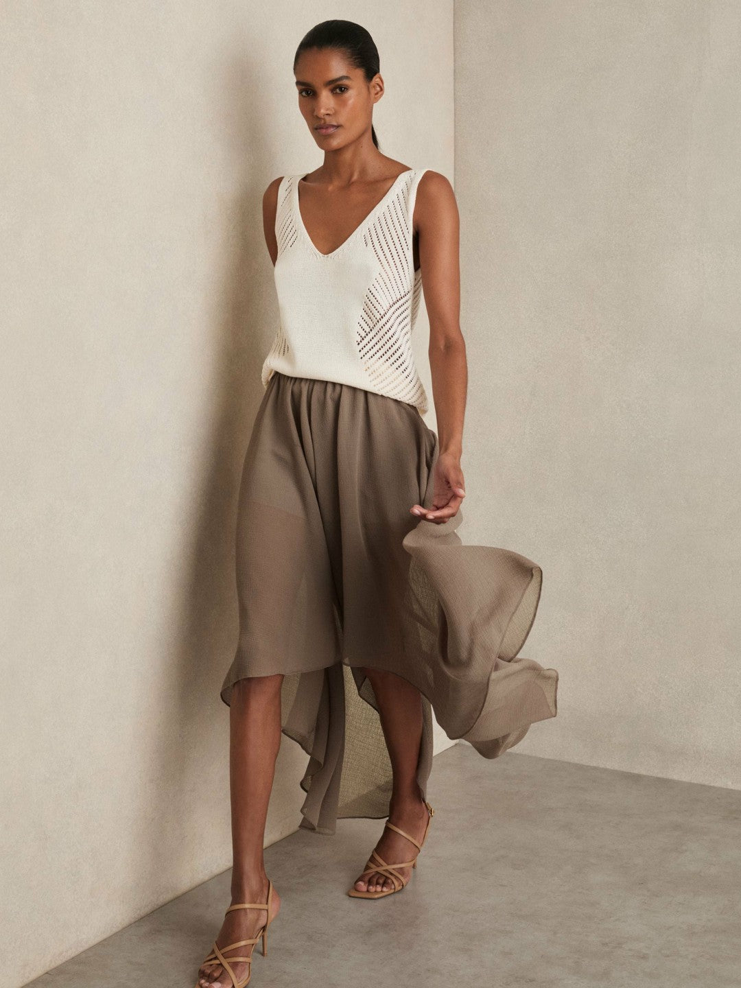 Sheer-Overlay High-Low Shorts in Mink Neutral | Reiss Women Signature