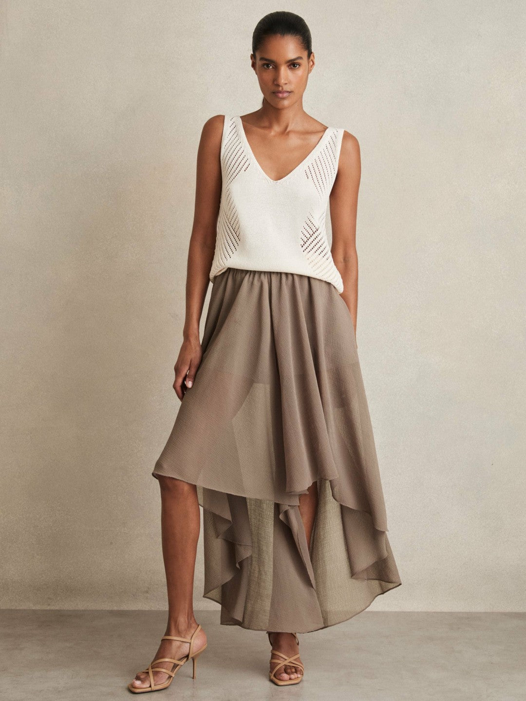 Petite Sheer-Overlay High-Low Shorts in Mink Neutral | Reiss Women Recommended