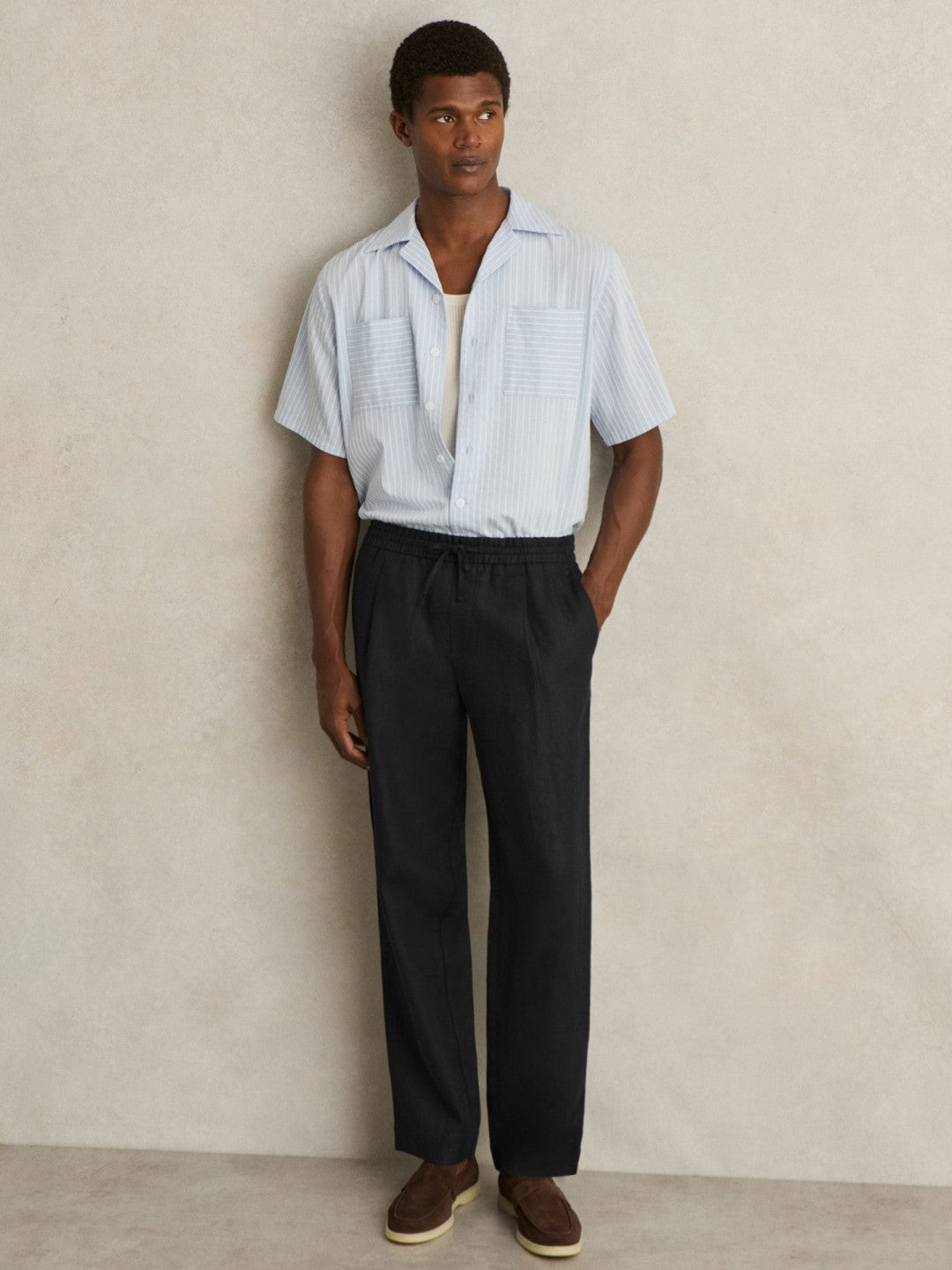 Linen Drawstring Relaxed-Fit Trousers in Navy | Reiss Men Popular
