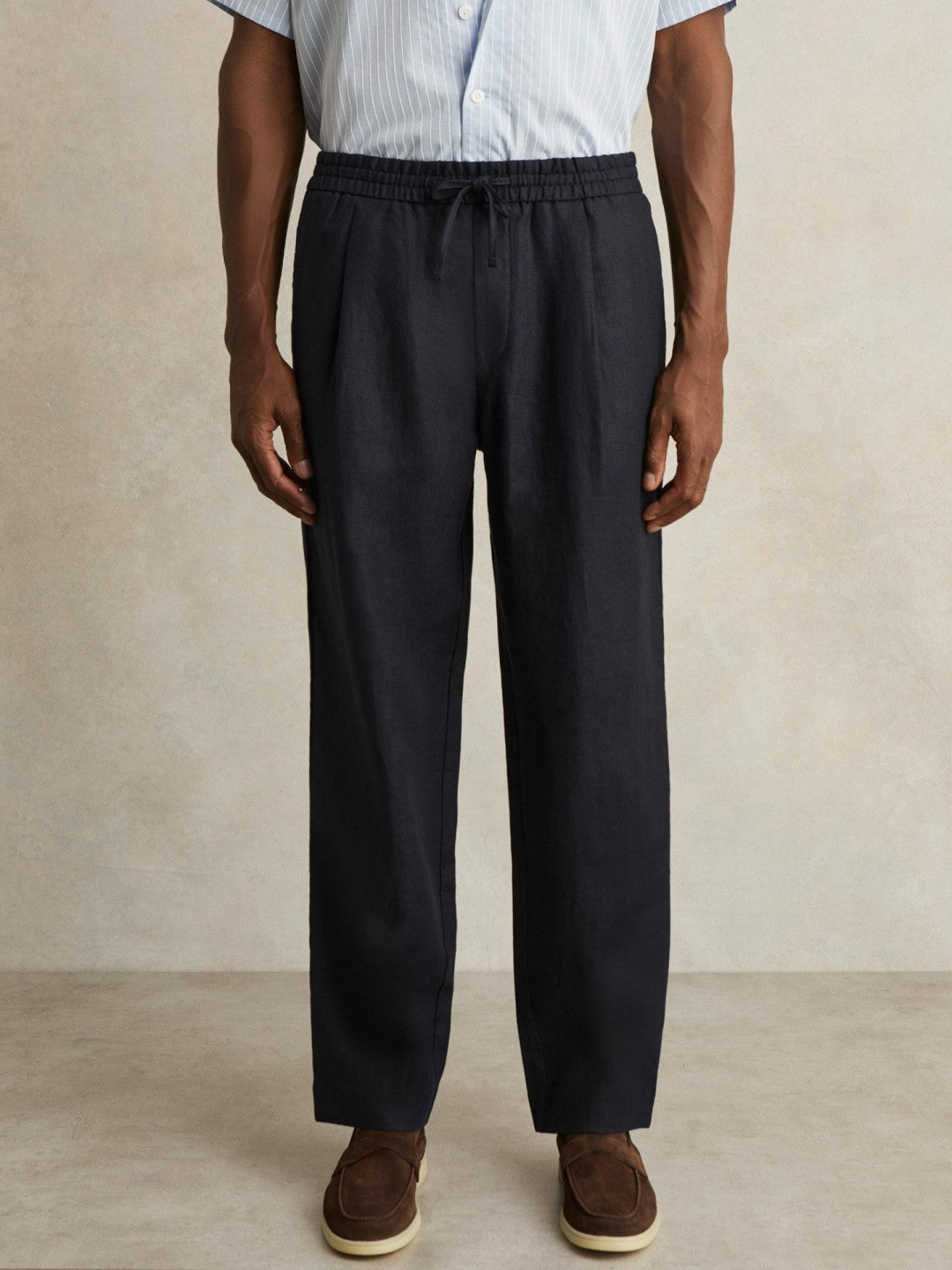 Linen Drawstring Relaxed-Fit Trousers in Navy | Reiss Men Popular