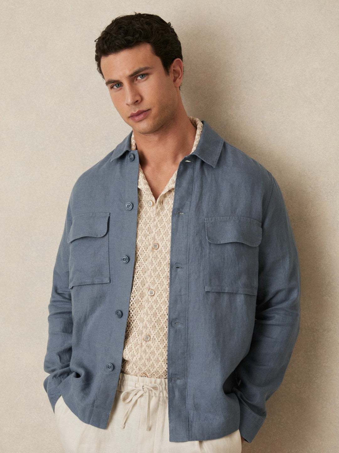 Linen Twin-Pocket Overshirt in Airforce Blue | Reiss Men Recommended