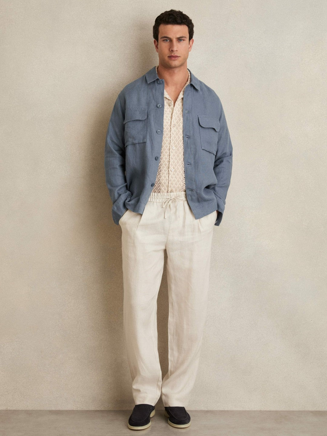 Linen Twin-Pocket Overshirt in Airforce Blue | Reiss Men Recommended