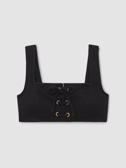 Ribbed Lace-Up Bikini Top in Black | Reiss Women Exclusive
