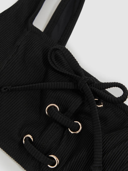 Ribbed Lace-Up Bikini Top in Black | Reiss Women Exclusive