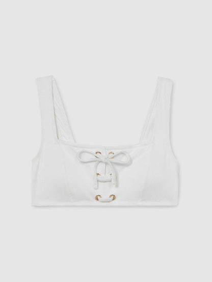 Ribbed Lace-Up Bikini Top in White | Reiss Women Popular