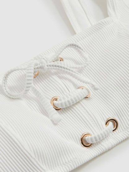 Ribbed Lace-Up Bikini Top in White | Reiss Women Popular