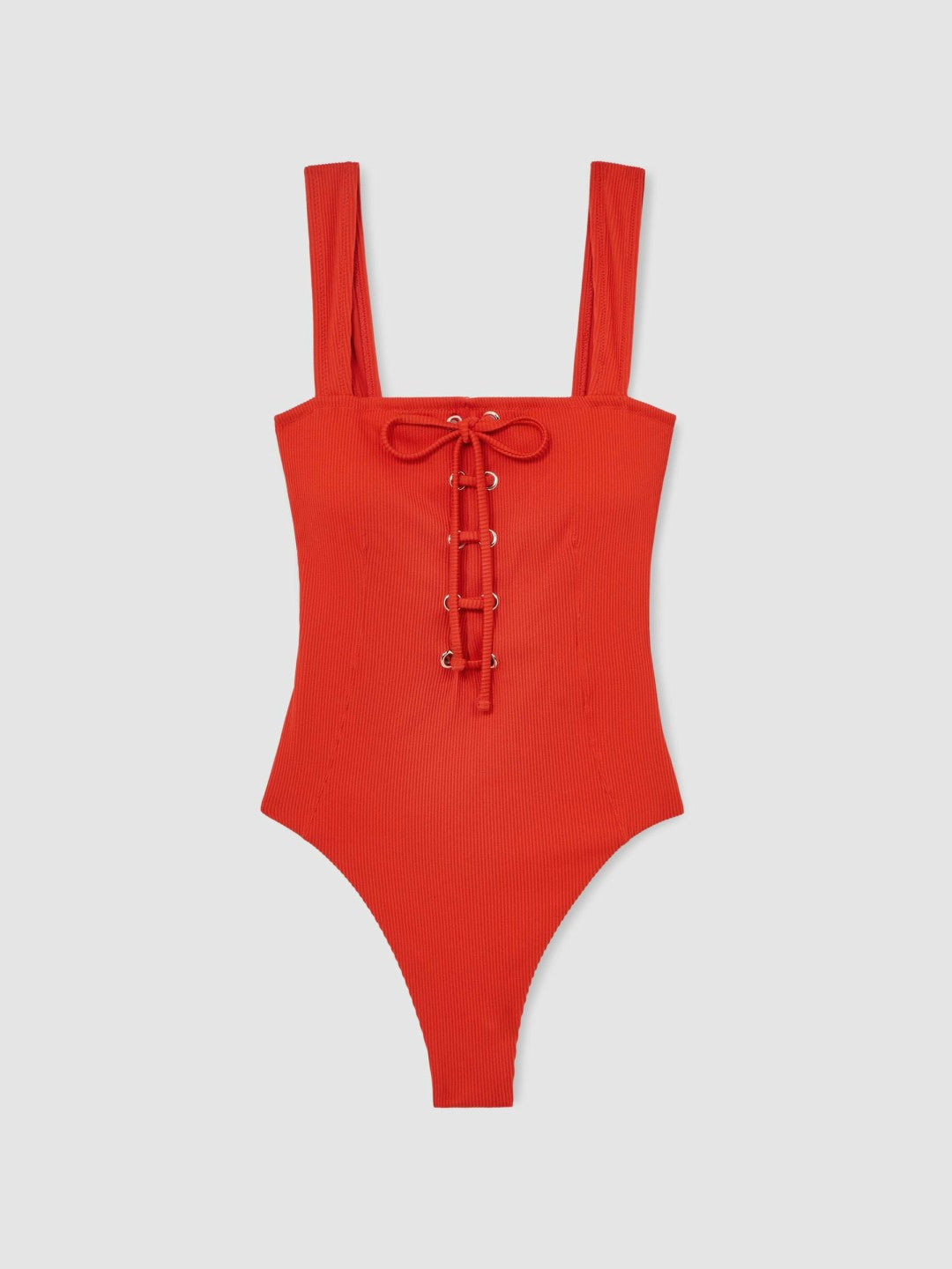 Ribbed Lace-Up Swimsuit in Orange | Reiss Women Best Seller