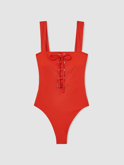 Ribbed Lace-Up Swimsuit in Orange | Reiss Women Best Seller