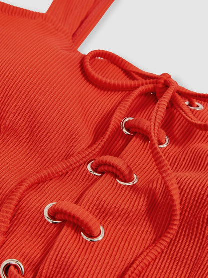 Ribbed Lace-Up Swimsuit in Orange | Reiss Women Best Seller