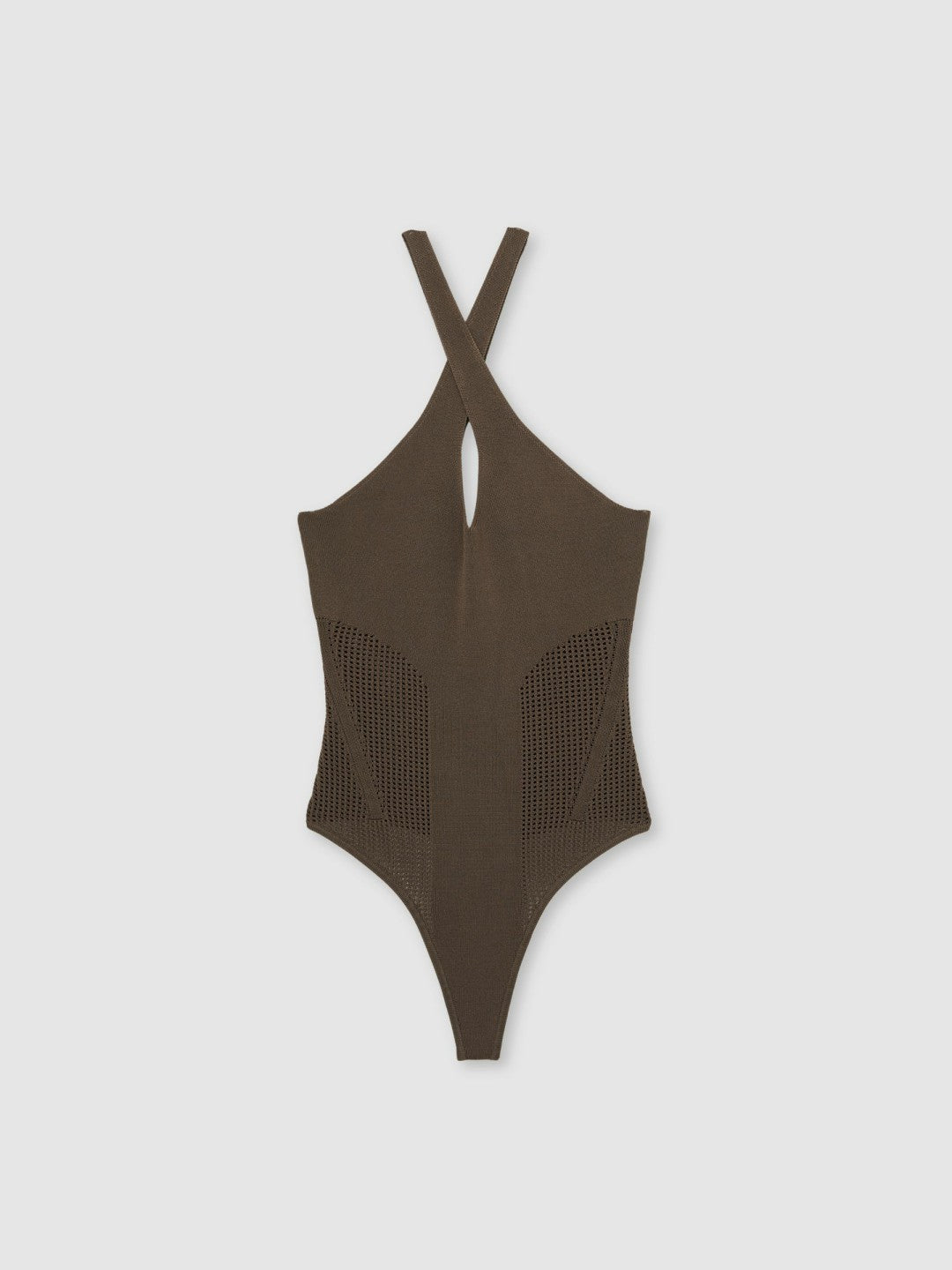 Perforated-Knit Cross-Strap Bodysuit in Mink | Reiss Women Signature