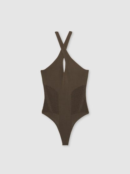 Perforated-Knit Cross-Strap Bodysuit in Mink | Reiss Women Signature