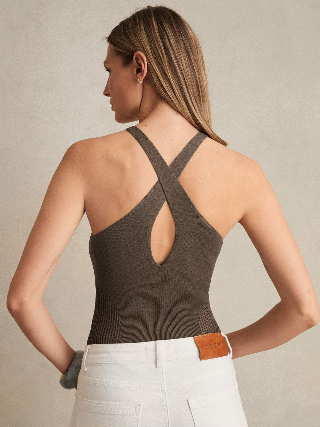 Perforated-Knit Cross-Strap Bodysuit in Mink | Reiss Women Signature