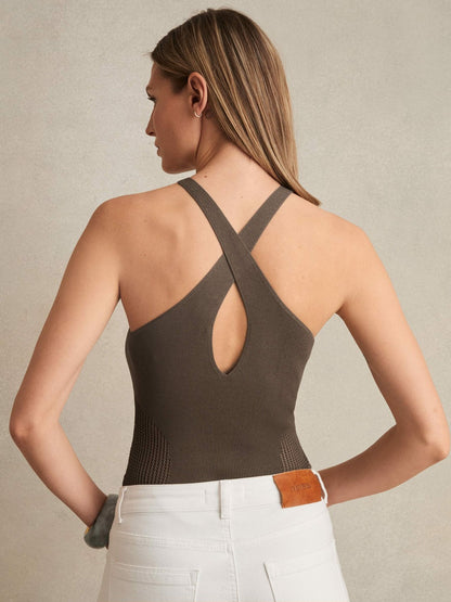 Perforated-Knit Cross-Strap Bodysuit in Mink | Reiss Women Signature
