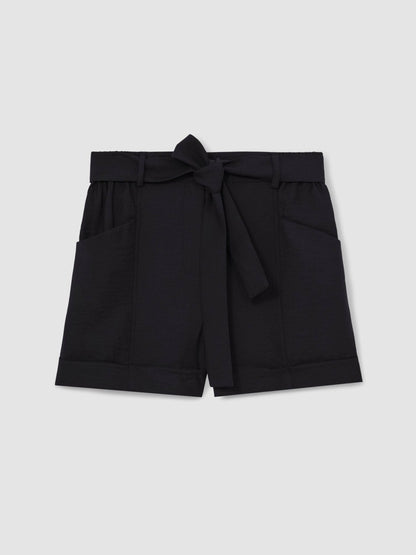 Belted Button Tab Shorts in Navy | Reiss Women Premium