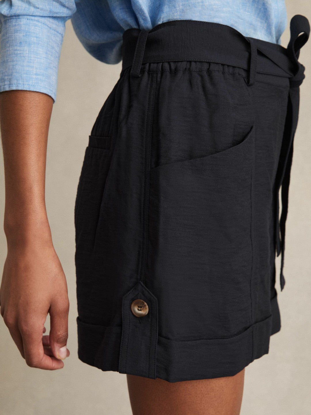 Belted Button Tab Shorts in Navy | Reiss Women Premium