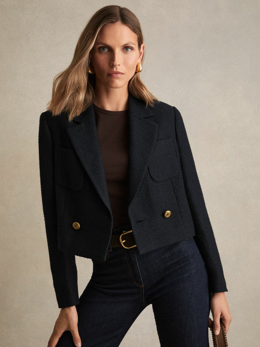 Double-Breasted Textured Cropped Blazer with Wool and Cotton in Navy | Reiss Women Best Seller