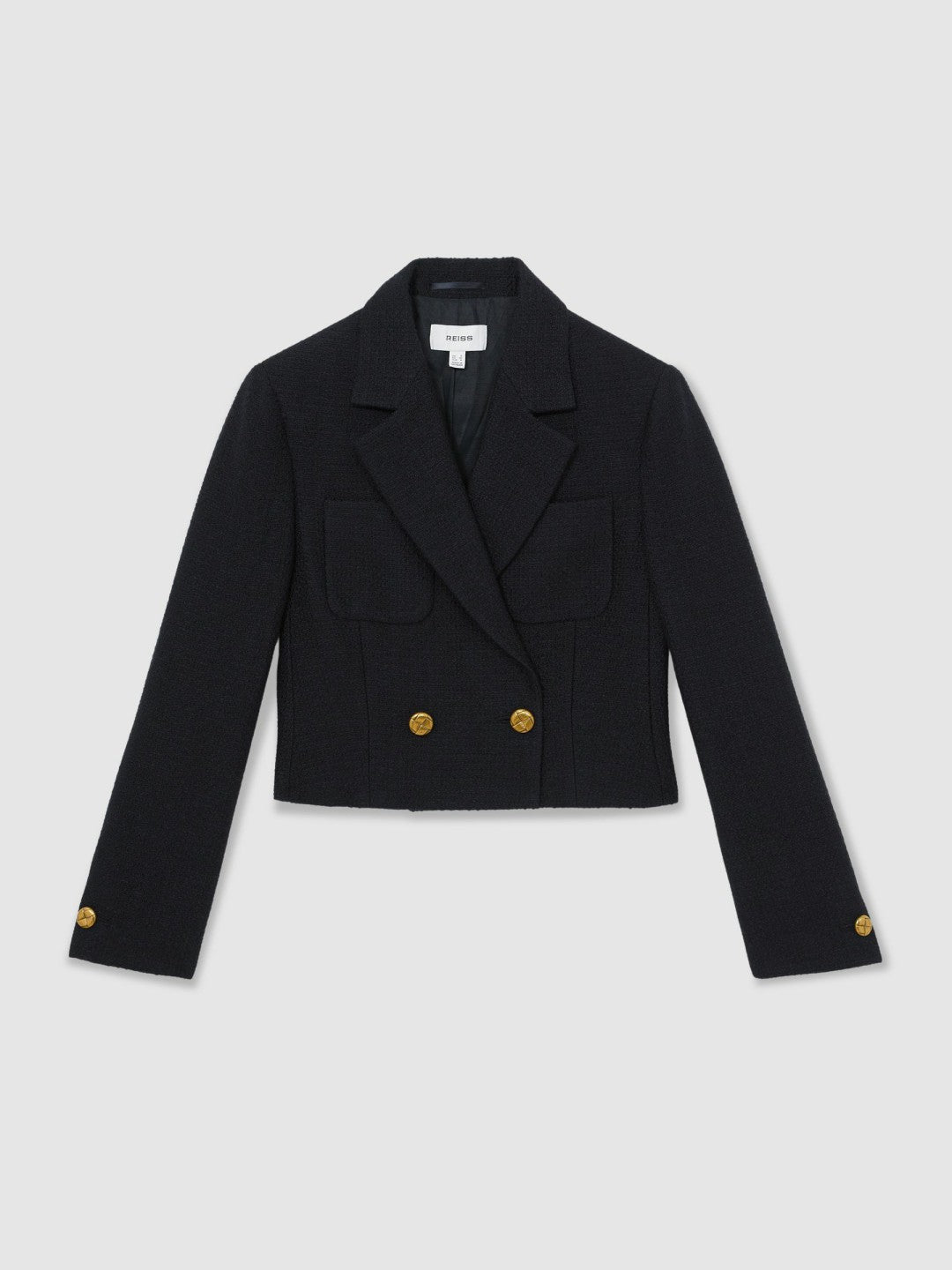 Double-Breasted Textured Cropped Blazer with Wool and Cotton in Navy | Reiss Women Best Seller