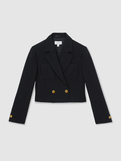 Double-Breasted Textured Cropped Blazer with Wool and Cotton in Navy | Reiss Women Best Seller