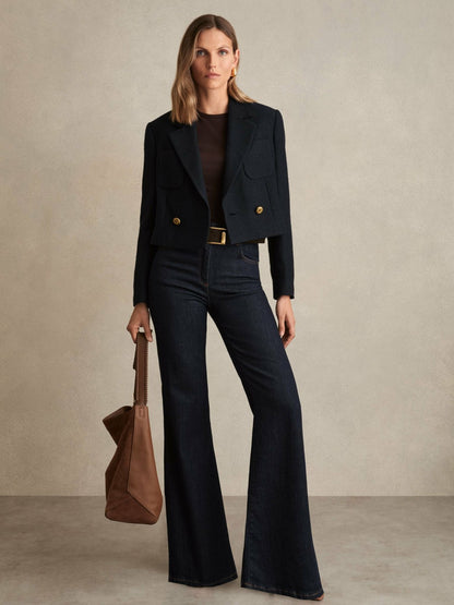 Double-Breasted Textured Cropped Blazer with Wool and Cotton in Navy | Reiss Women Best Seller