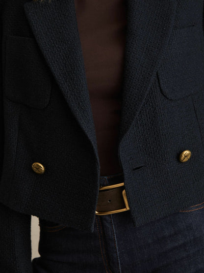 Double-Breasted Textured Cropped Blazer with Wool and Cotton in Navy | Reiss Women Best Seller