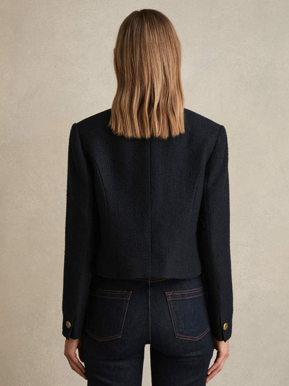 Double-Breasted Textured Cropped Blazer with Wool and Cotton in Navy | Reiss Women Best Seller