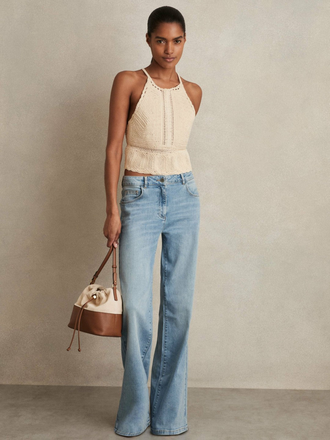 Cotton Crochet Tie-Back Cropped Top in Cream | Reiss Women Recommended