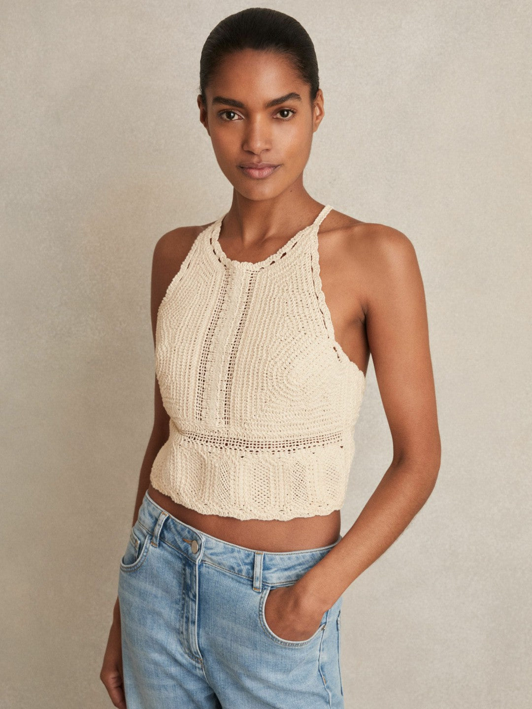Cotton Crochet Tie-Back Cropped Top in Cream | Reiss Women Recommended