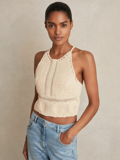 Cotton Crochet Tie-Back Cropped Top in Cream | Reiss Women Recommended