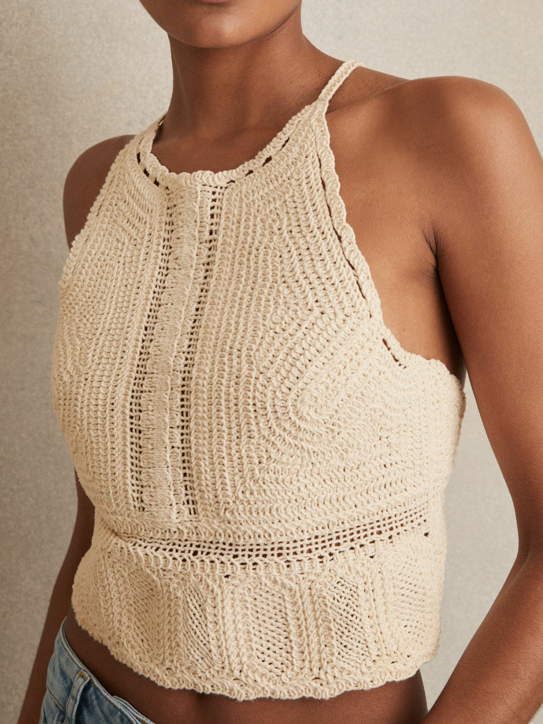 Cotton Crochet Tie-Back Cropped Top in Cream | Reiss Women Recommended