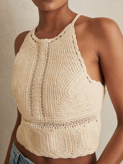 Cotton Crochet Tie-Back Cropped Top in Cream | Reiss Women Recommended
