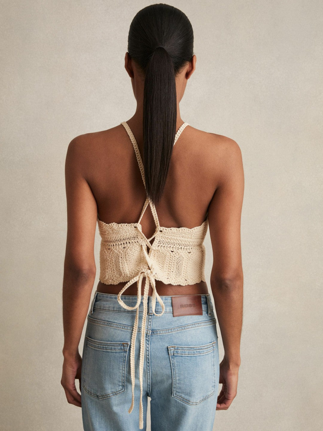 Cotton Crochet Tie-Back Cropped Top in Cream | Reiss Women Recommended