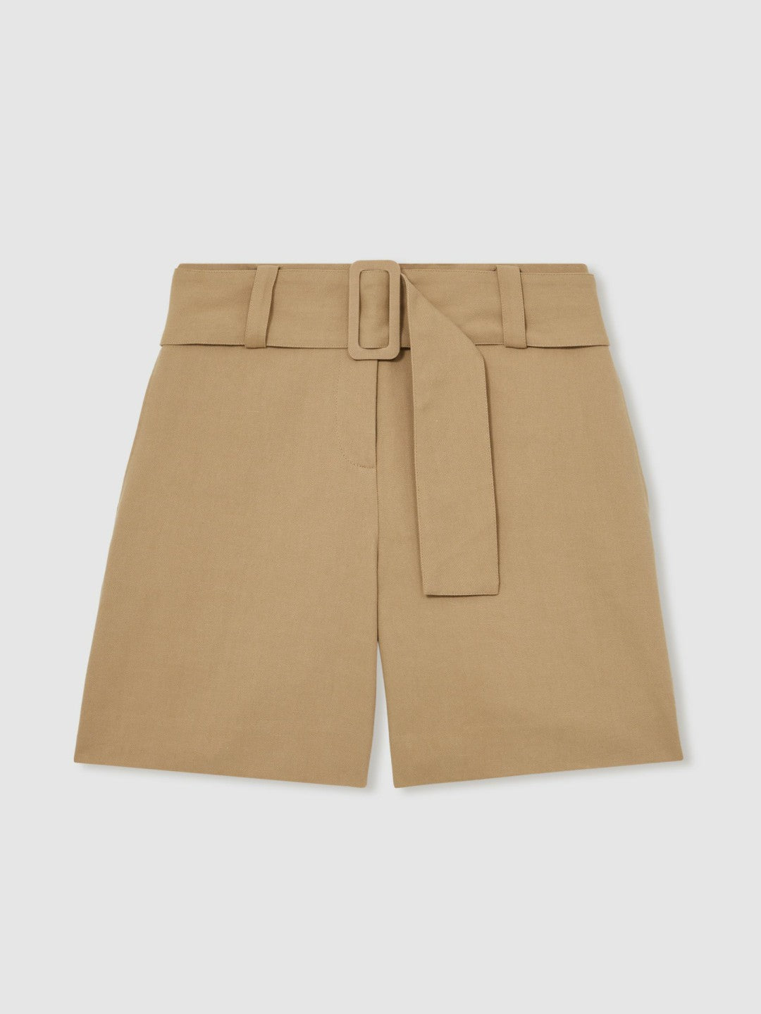 Cotton-Blend Belted Shorts With Linen in Camel | Reiss Women Best Seller