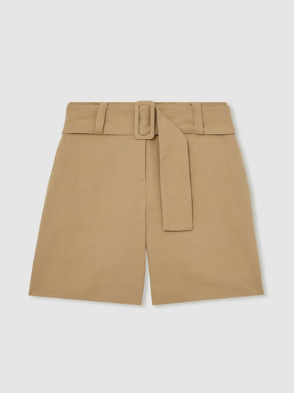 Cotton-Blend Belted Shorts With Linen in Camel | Reiss Women Best Seller