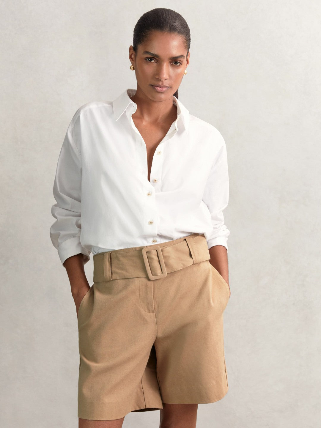 Cotton-Blend Belted Shorts With Linen in Camel | Reiss Women Best Seller