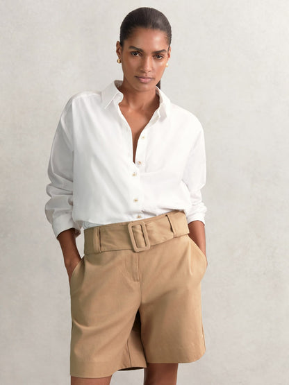 Cotton-Blend Belted Shorts With Linen in Camel | Reiss Women Best Seller