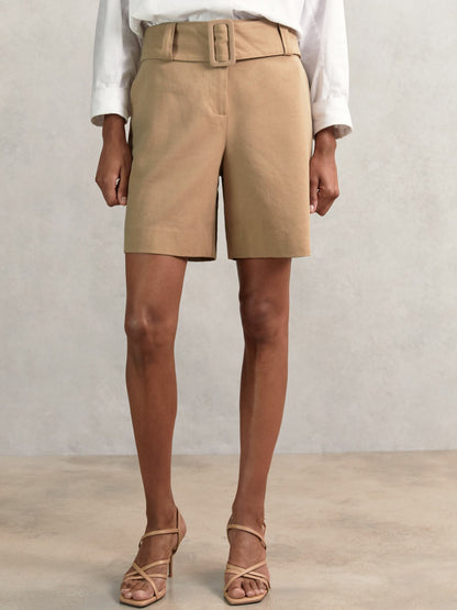 Cotton-Blend Belted Shorts With Linen in Camel | Reiss Women Best Seller