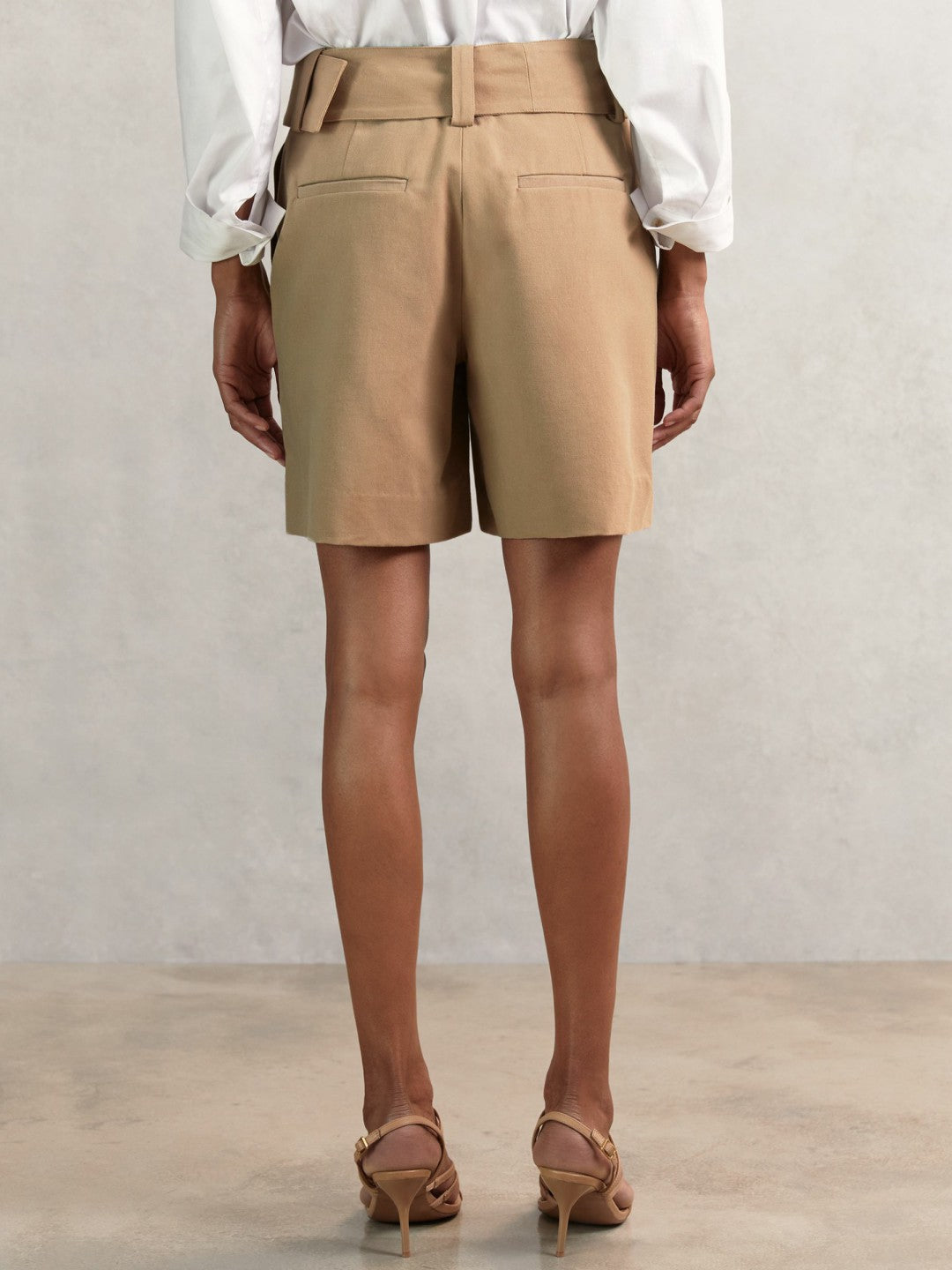 Cotton-Blend Belted Shorts With Linen in Camel | Reiss Women Best Seller