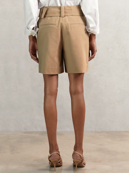 Cotton-Blend Belted Shorts With Linen in Camel | Reiss Women Best Seller