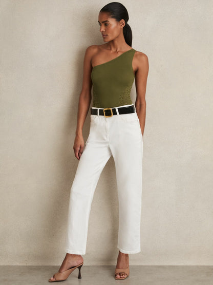 Lace-Knit Detail One-Shoulder Bodysuit in Green | Reiss Women New
