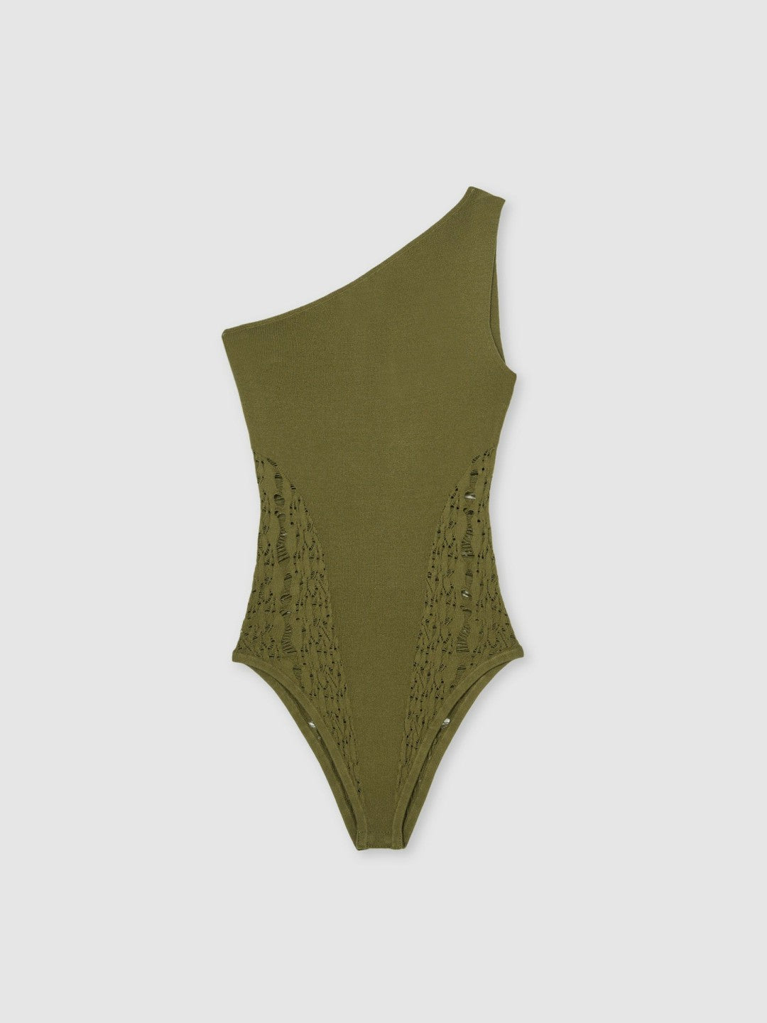 Lace-Knit Detail One-Shoulder Bodysuit in Green | Reiss Women New