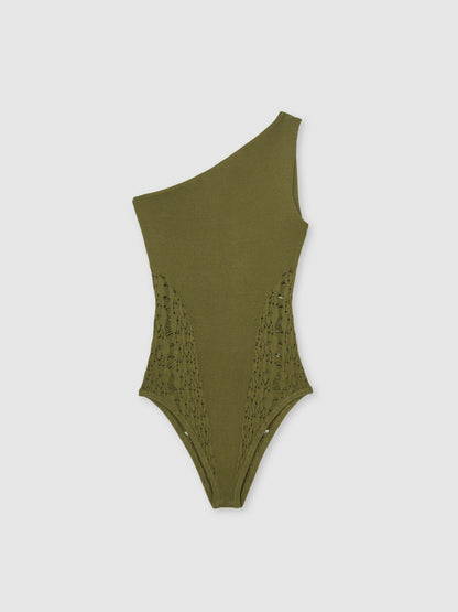 Lace-Knit Detail One-Shoulder Bodysuit in Green | Reiss Women New