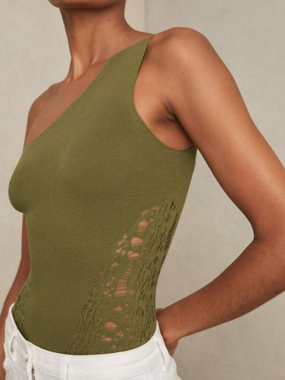 Lace-Knit Detail One-Shoulder Bodysuit in Green | Reiss Women New