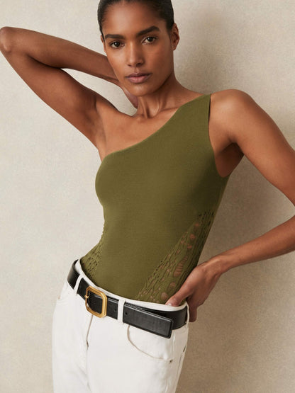 Lace-Knit Detail One-Shoulder Bodysuit in Green | Reiss Women New